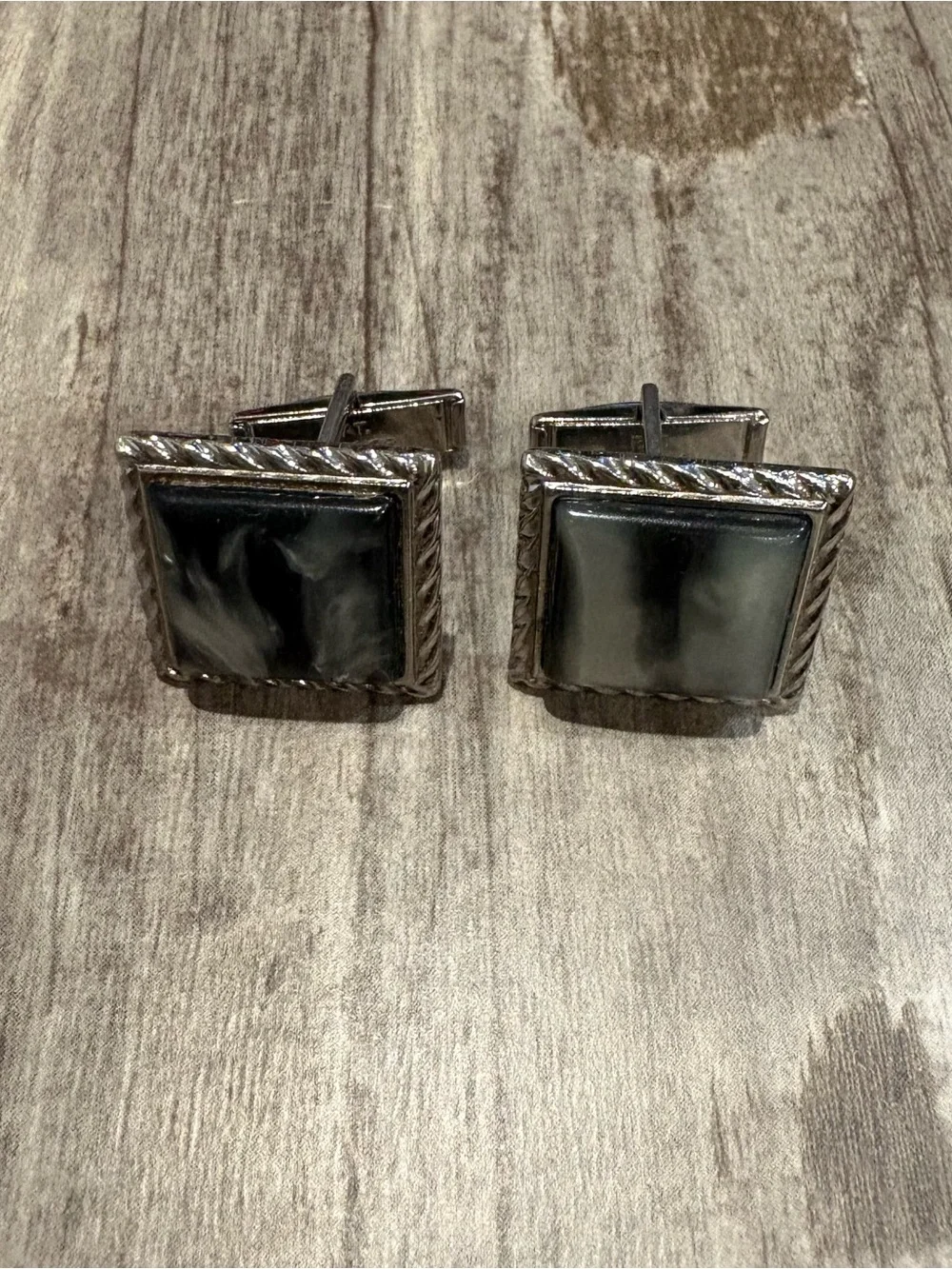 Silver Tone Cuff Links With Large Square Black/ White Swirl Inlay Stone